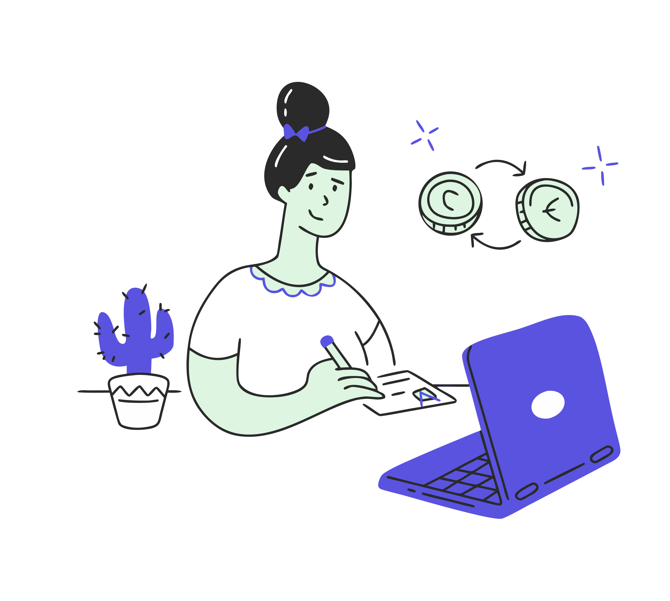 Illustration of a girl managing her finances on a laptop