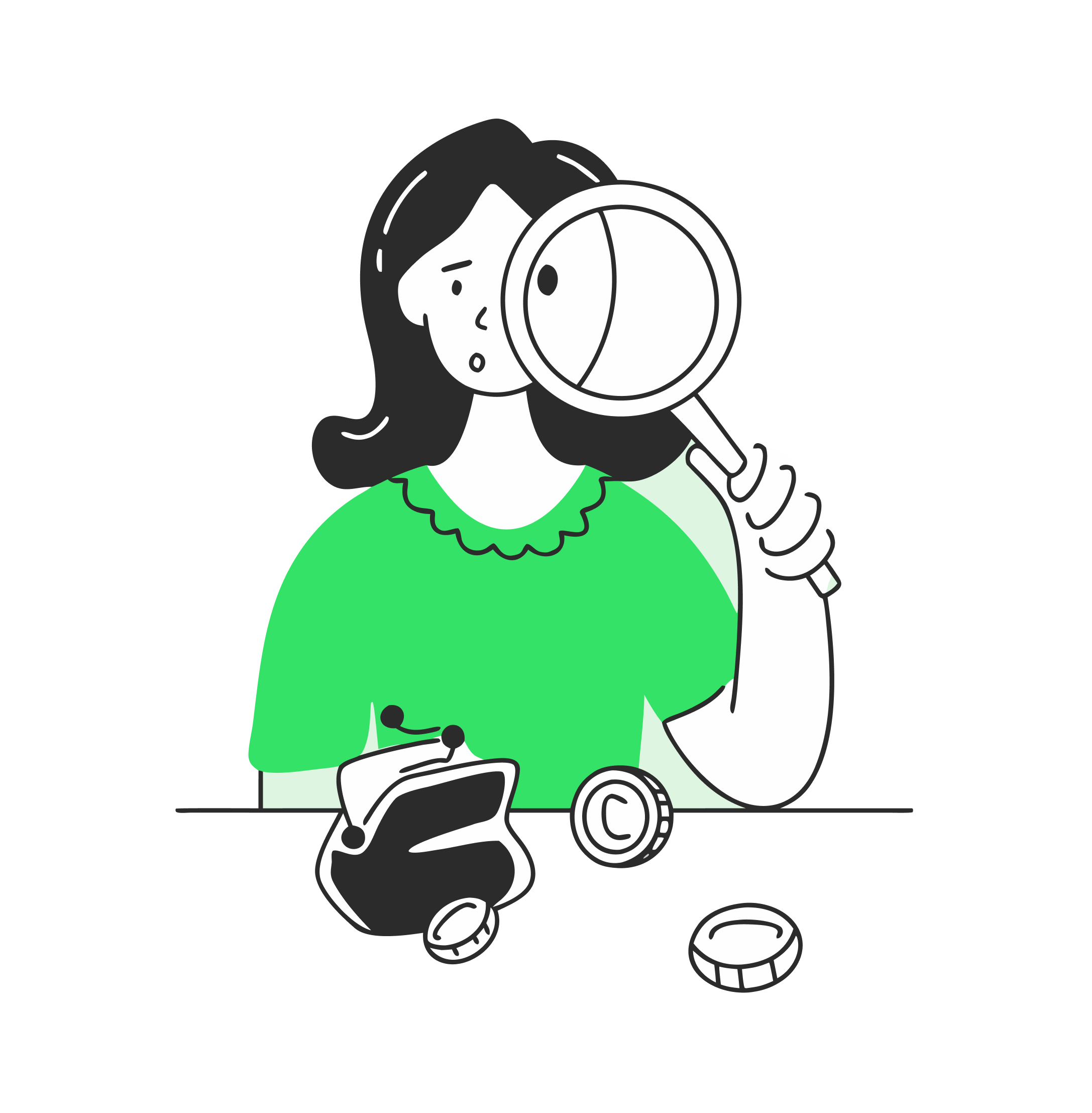 Illustration of a girl puzzling over a coin with a magnifying glass