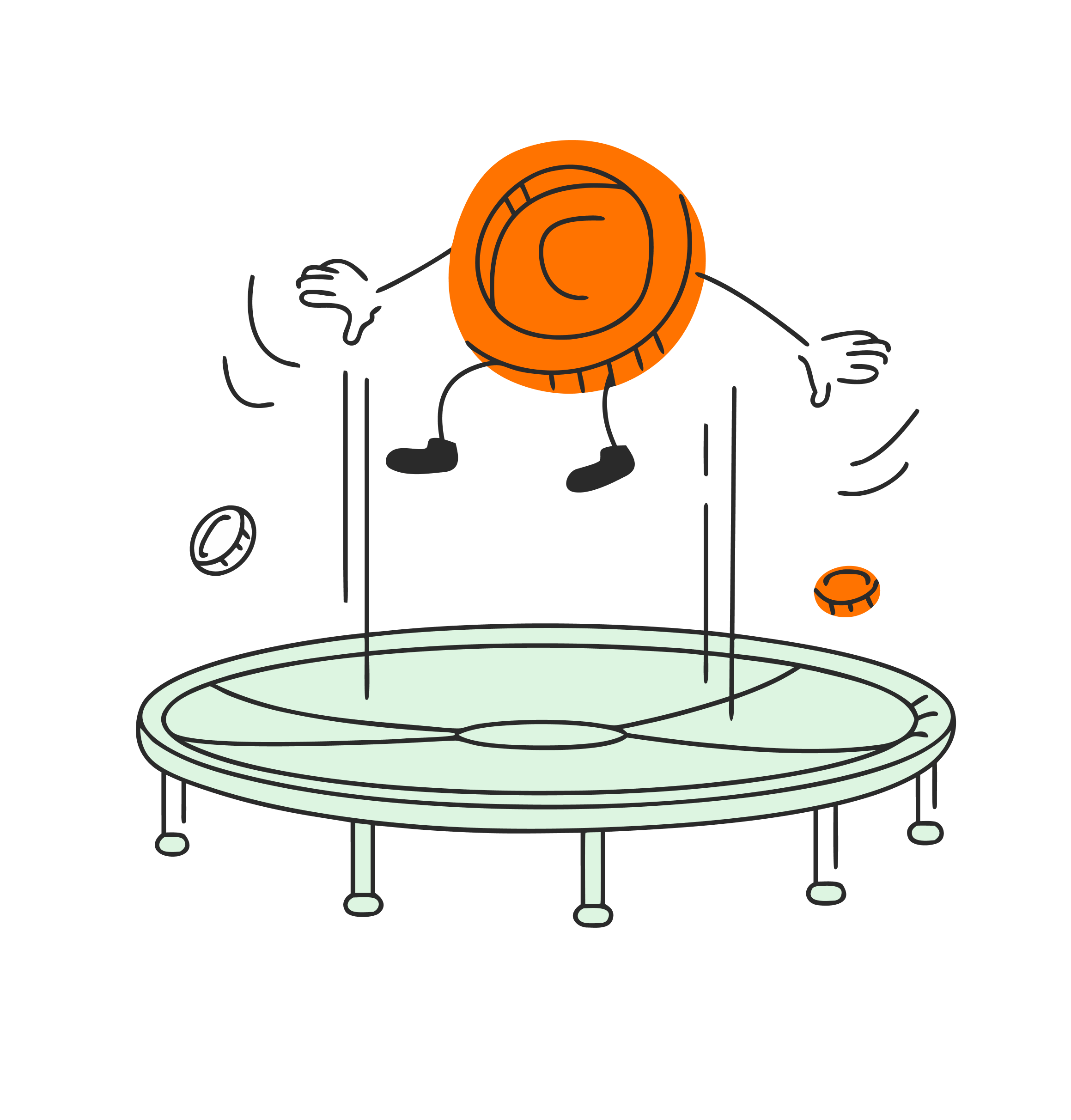Illustration of a coin character jumping on a trampoline