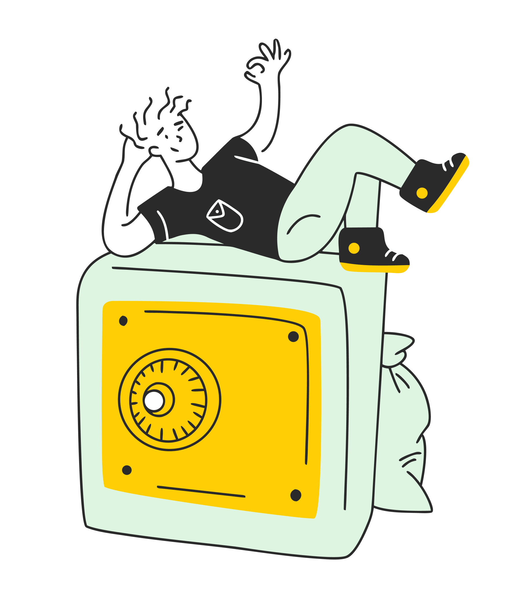 Illustration of a boy sitting on a locked money vault